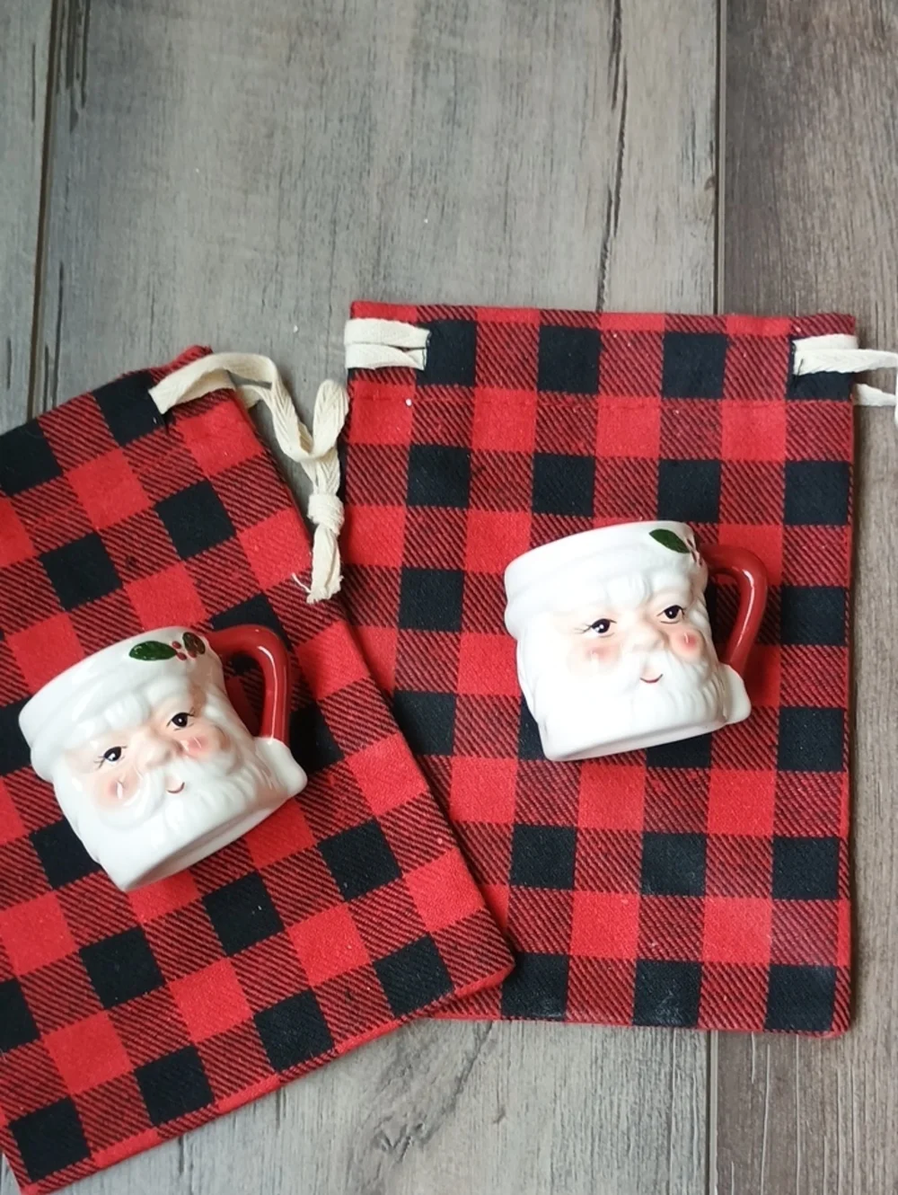 Mini Ceramic Santa Face Mugs Set of 2 - White with Red Handles